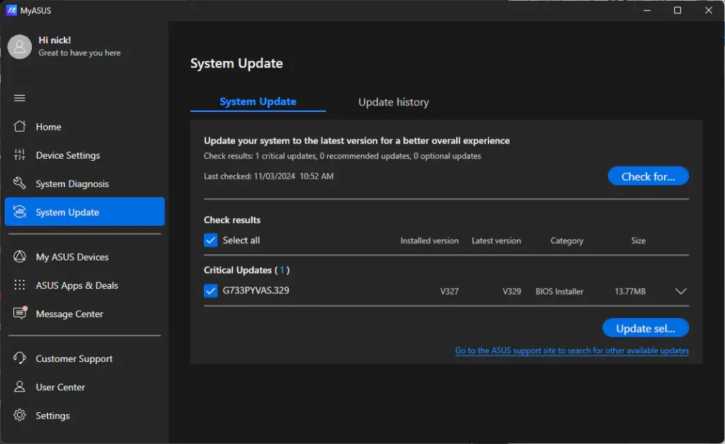 MyAsus Updates